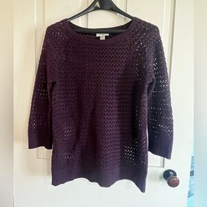 LOFT Open-Knit Crewneck Sweater in Deep Plum